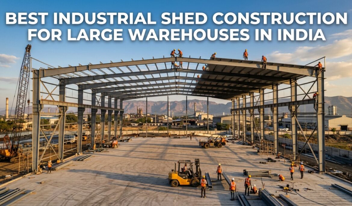 Modern large warehouse under construction in India with steel PEB shed structure by Akshat Enterprises